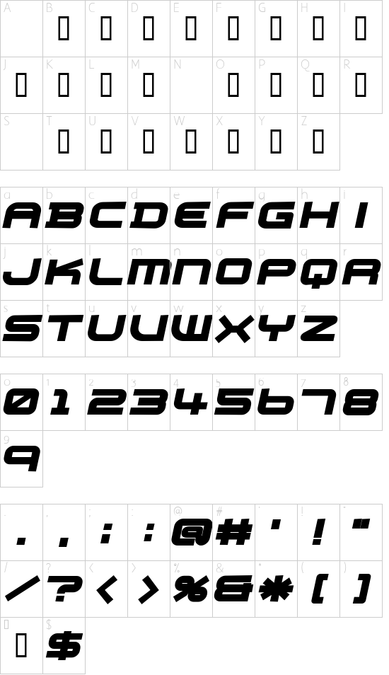 PB010 TRANSPORT X Character Map
