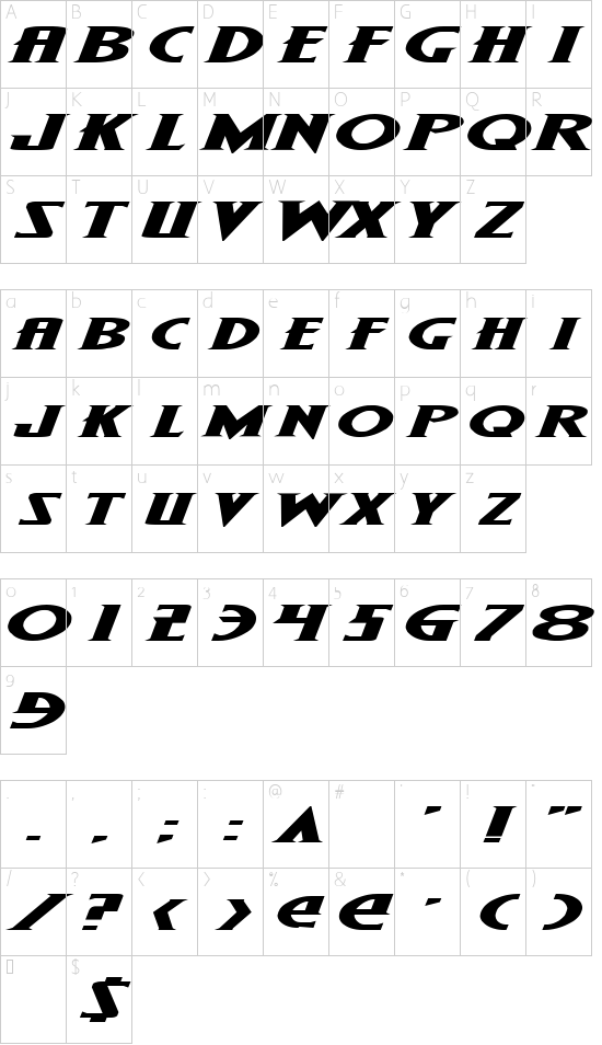 Wolf's Bane Expanded Italic Character Map
