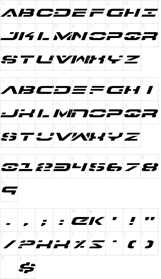 7th Service Expanded Italic Character Map